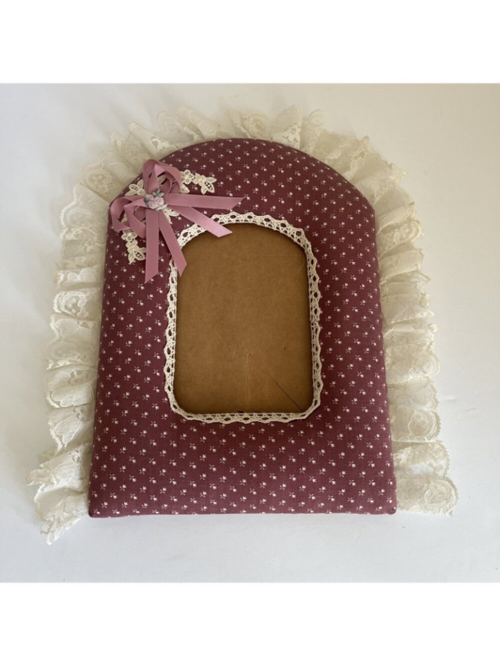 80s mauve floral cottagecore fabric picture frame bow country grandma 5x7 - Picture 3 of 7